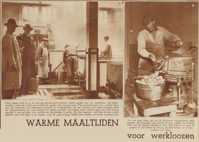 874158 Collage van 2 foto's betreffende de bereiding van voedsel voor de werklozen in Utrecht, met afbeeldingen van de ...